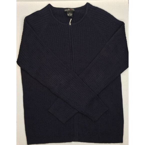 Style & Co Womens Navy Blue Cardigan Sweater Zipper Zip Small Cable Knit Size M - Picture 2 of 9